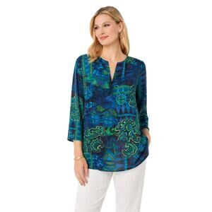 Chico’s 100% Silk Blouse Size 3 Blue Green Boho Tunic Top Plus Size XL